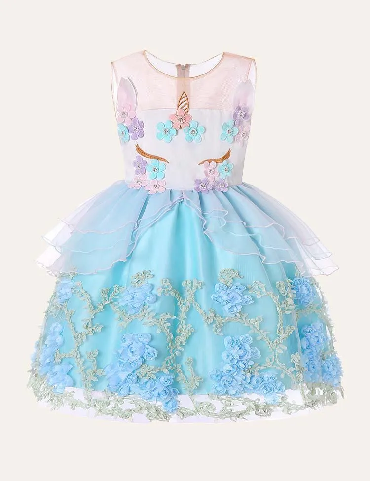 Floral Unicorn Mesh Party Dress - Image 2