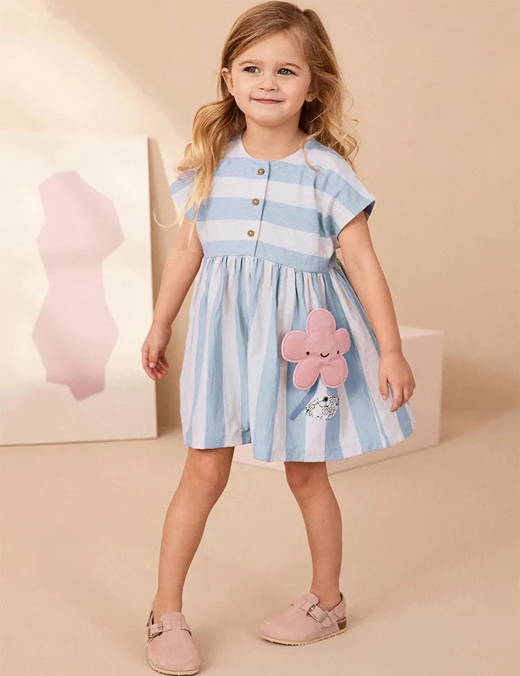 Flower Appliqué Striped Cotton Dress - Image 2