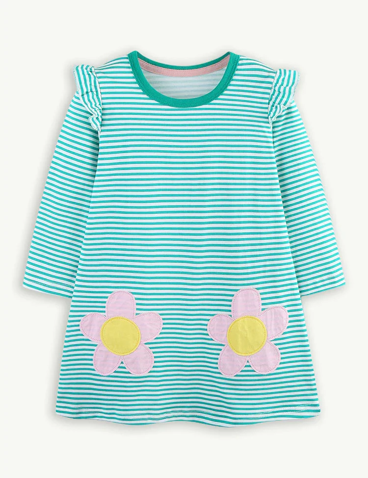 Flower Appliqué Striped Dress