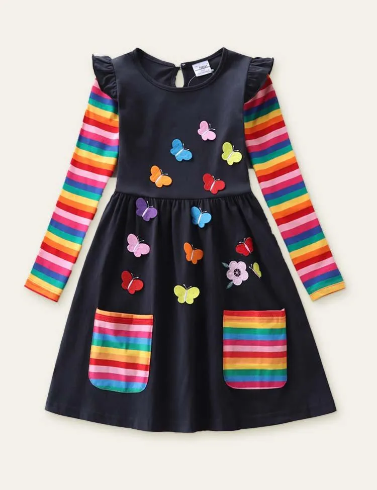 Flower Butterfly Appliqué Rainbow Long Sleeve Dress - Image 2