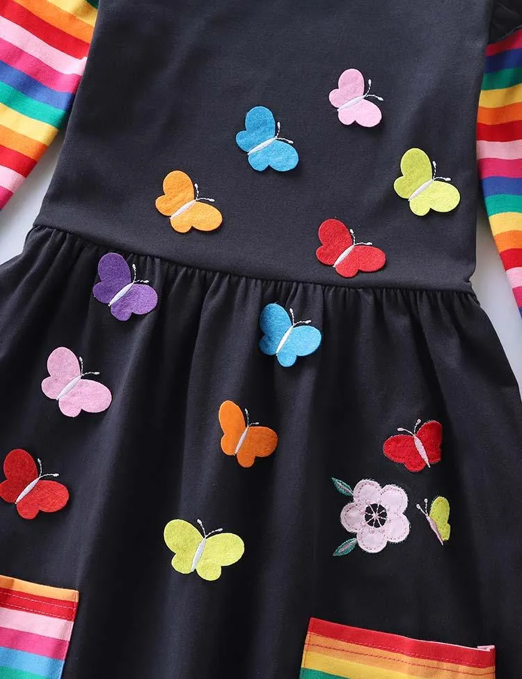 Flower Butterfly Appliqué Rainbow Long Sleeve Dress - Image 3