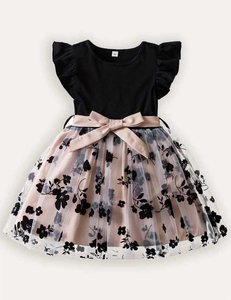 Flower Embroidered Fly-sleeved Tulle Dress