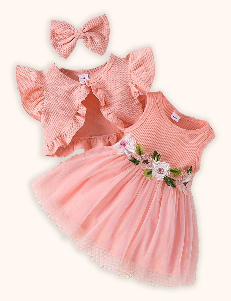 Flower Embroidered Tulle Dress + Knitted Coat Set - Image 2