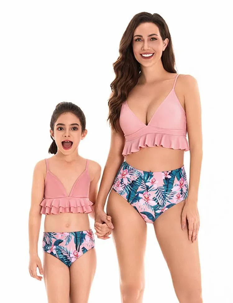 Flower Printed Pleated Family Matching Swim Suit - Image 2