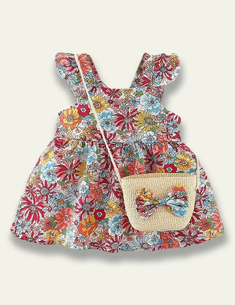 Flower Printed Sleeveless Dress+Floral Bow Bag - Image 2