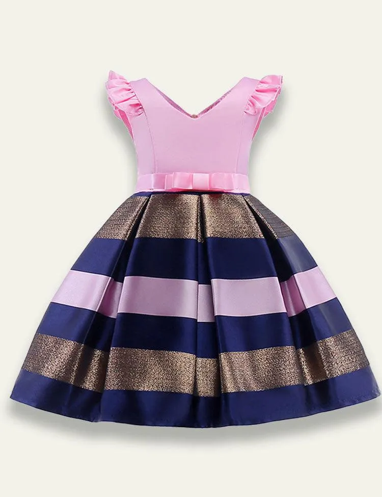 Flying Sleeve Bow Striped Party Dress - Image 2