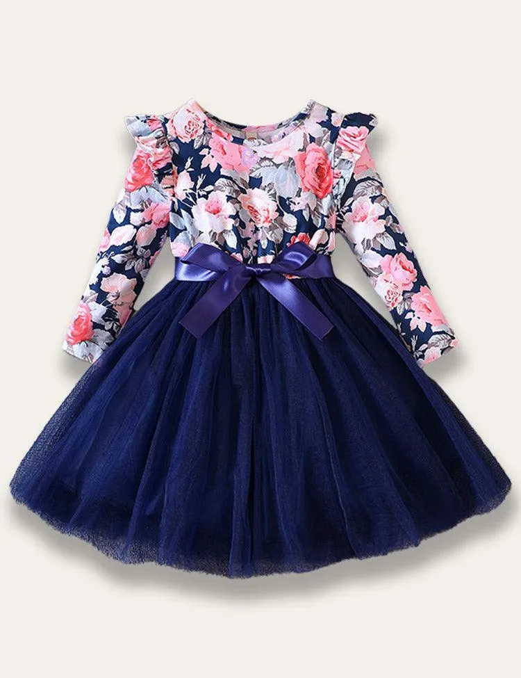 Flying Sleeve Rose Print Tulle Dress - Image 3