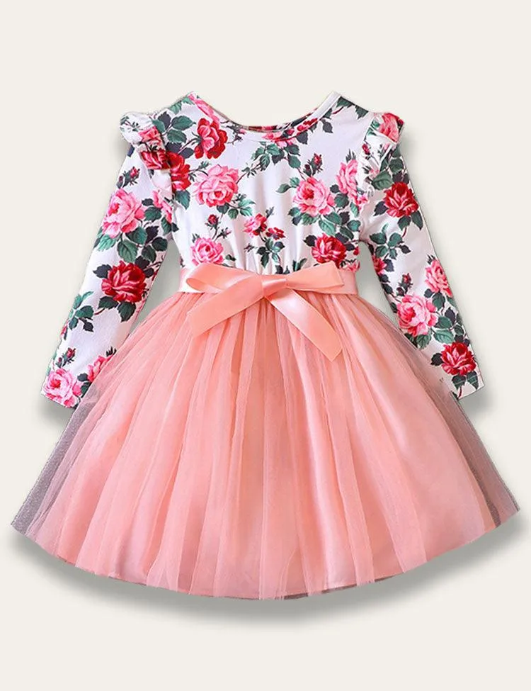 Flying Sleeve Rose Print Tulle Dress - Image 4