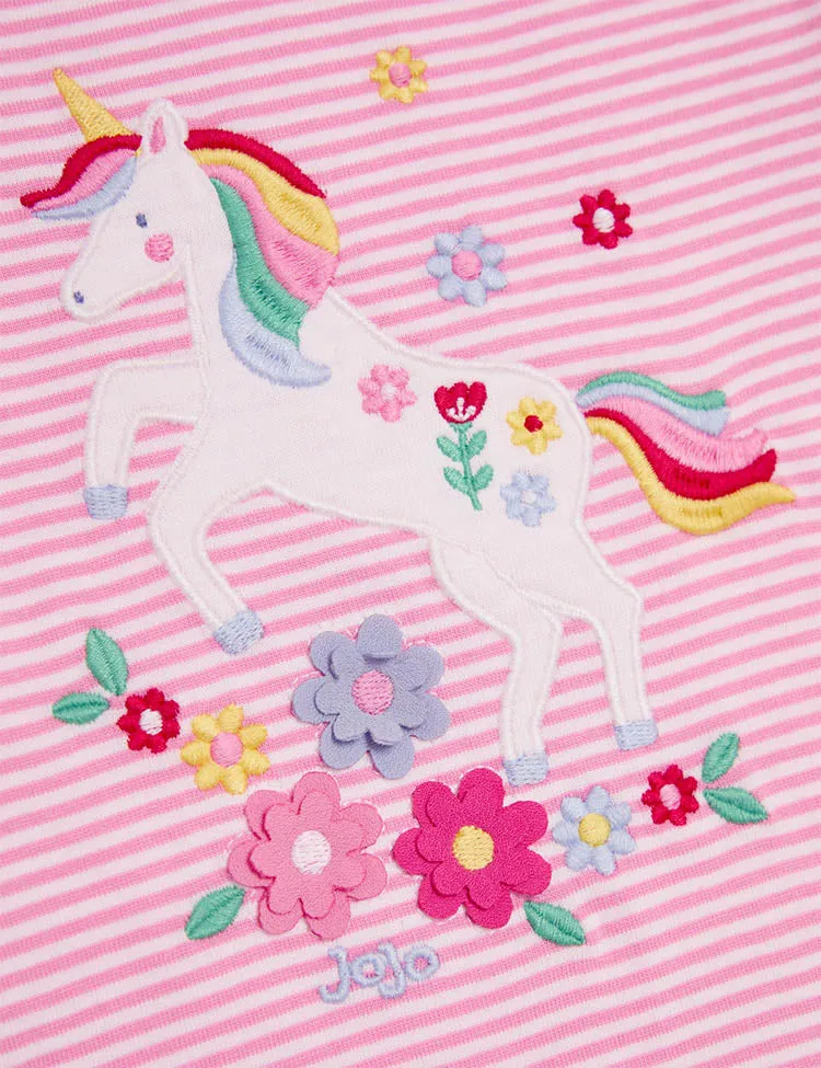 Fuchsia Pink Unicorn Appliqué Frill Shoulder T-Shirt - Image 4