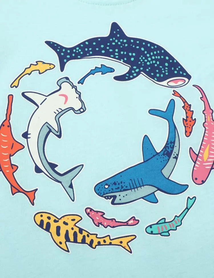 Glowing Cartoon Shark Printed T-Shirt - Image 3