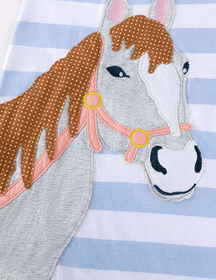 Horse Big Appliqué Long Sleeves Cotton Dress - Image 2