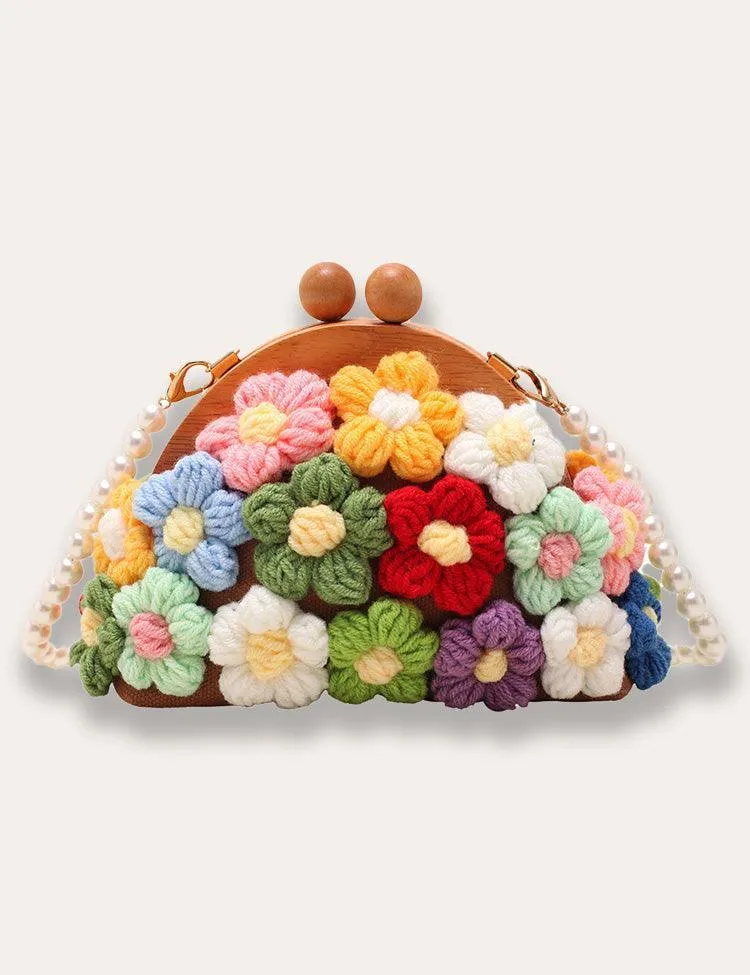 Knitted Flower Pearl Chain Shell Bag - Image 2