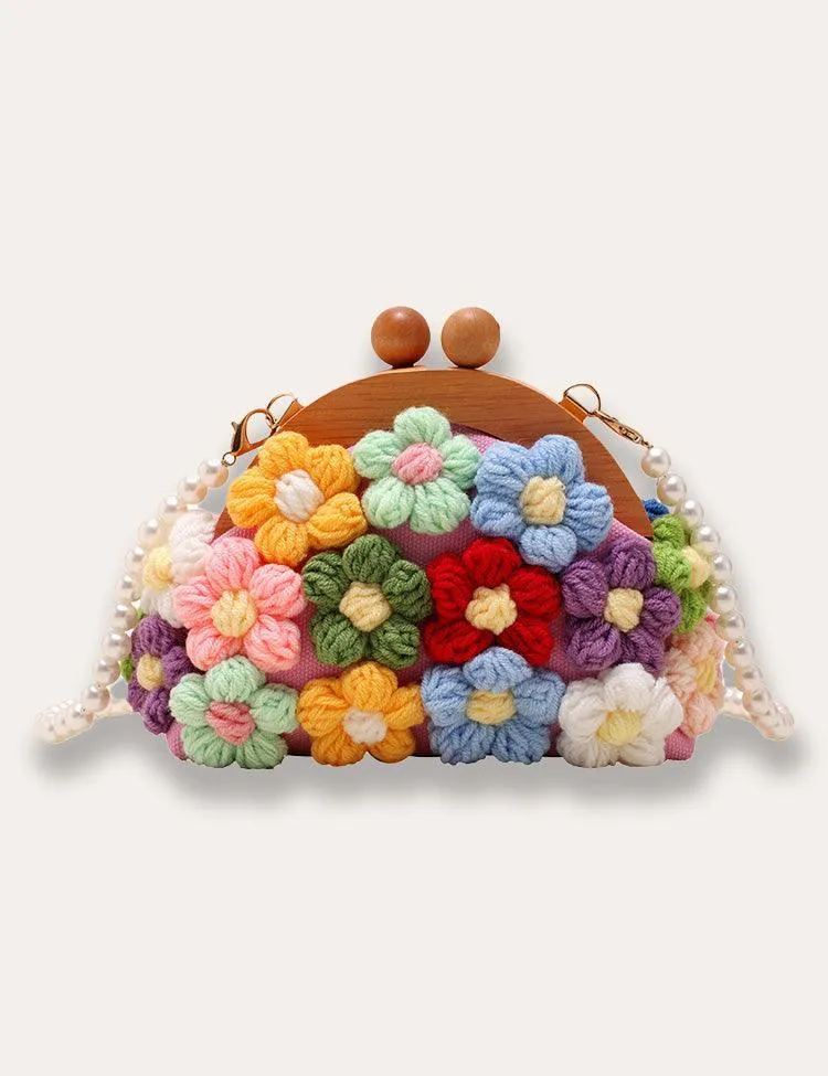 Knitted Flower Pearl Chain Shell Bag - Image 3
