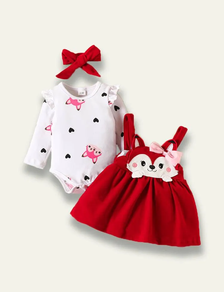 Long Sleeve Romper+Plant Fox Printed Bow Strap Dress - Image 3