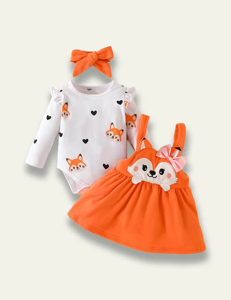 Long Sleeve Romper+Plant Fox Printed Bow Strap Dress - Image 6