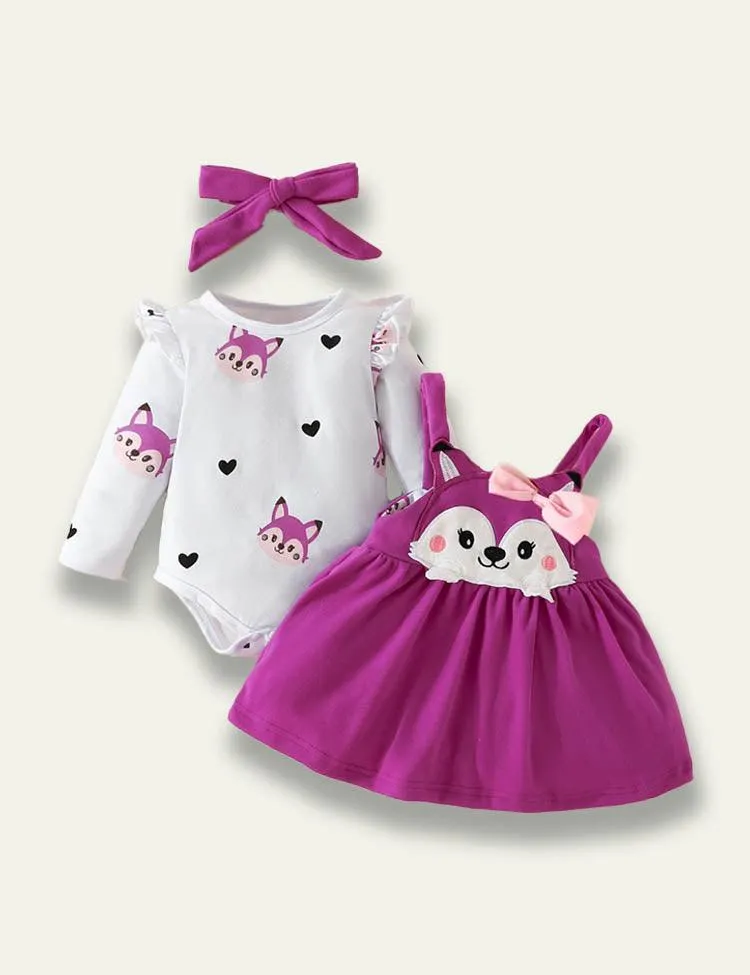 Long Sleeve Romper+Plant Fox Printed Bow Strap Dress - Image 8