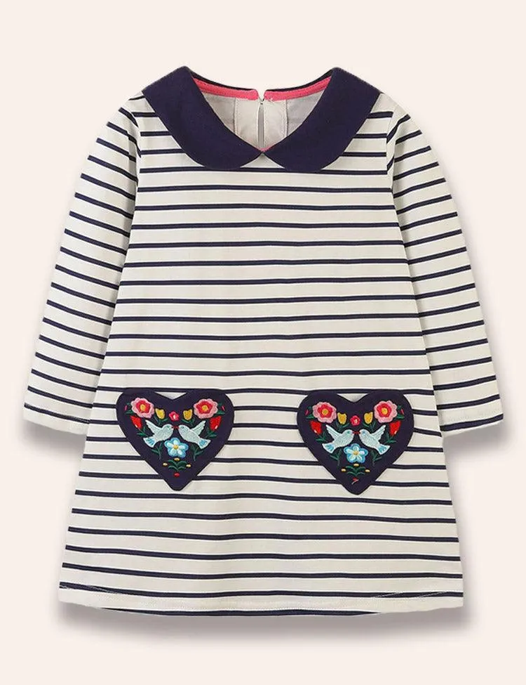 Love Bird Embroidered Long Sleeve Striped Dress