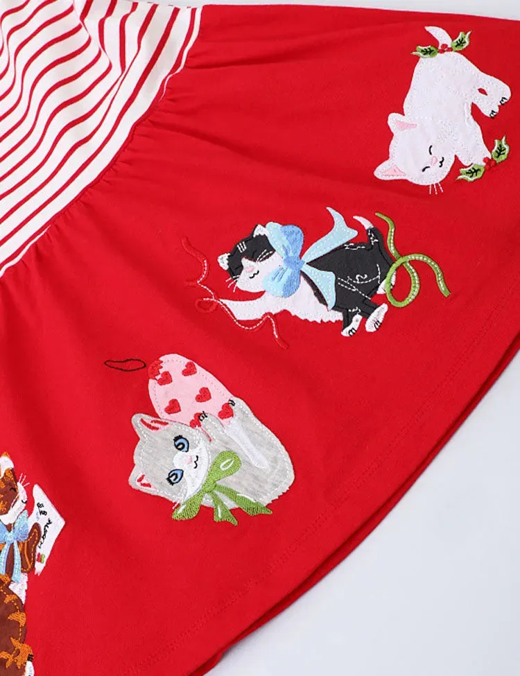 Lovely Kitten Appliqué Striped Dress - Image 2