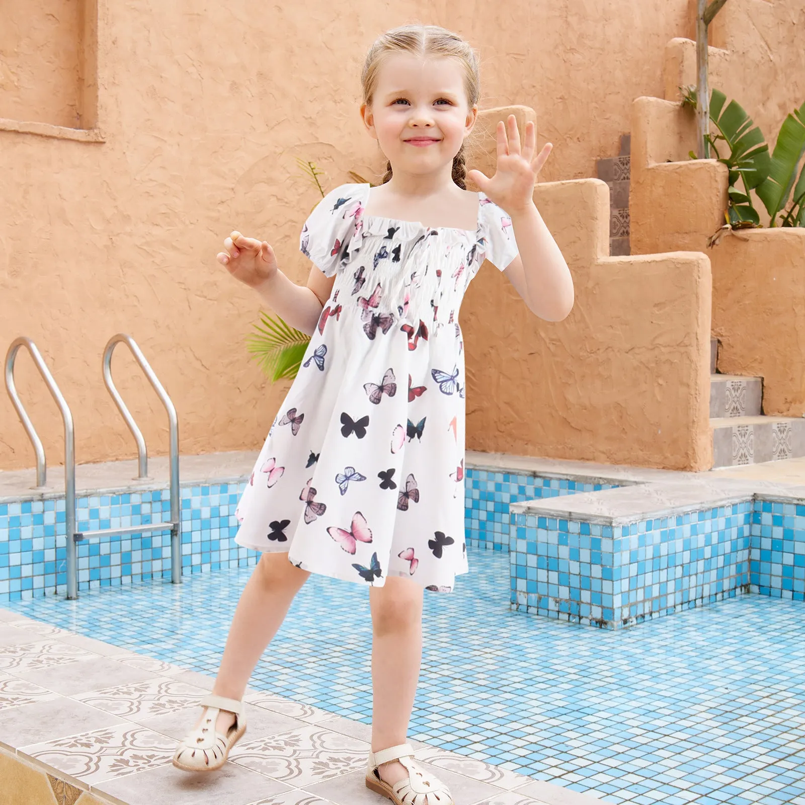 Mom&Me Butterfly Print Bubble Sleeve Flowing Dress - Image 3