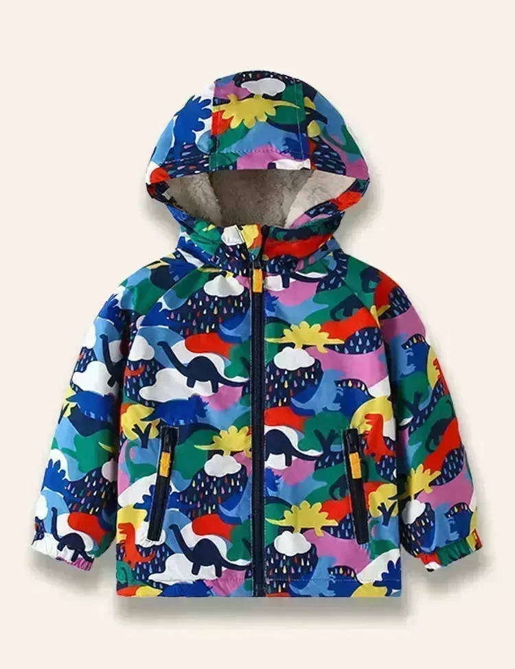 Multi Colorful Dinosaur Printed Fleece Coat