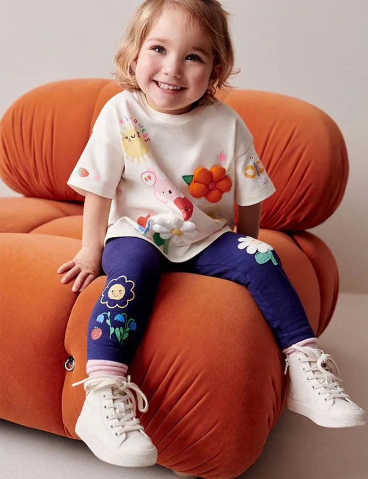 Navy Blue Flower Bee Embellished Leggings - Image 4