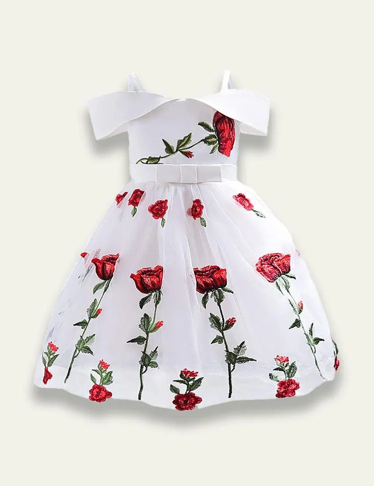 Off Shoulder Rose Embroidered Mesh Party Dress - Image 2