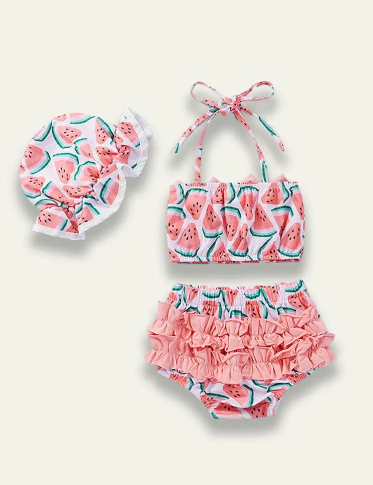 Pink Watermelon Bow Neck Tie Up Swimsuit