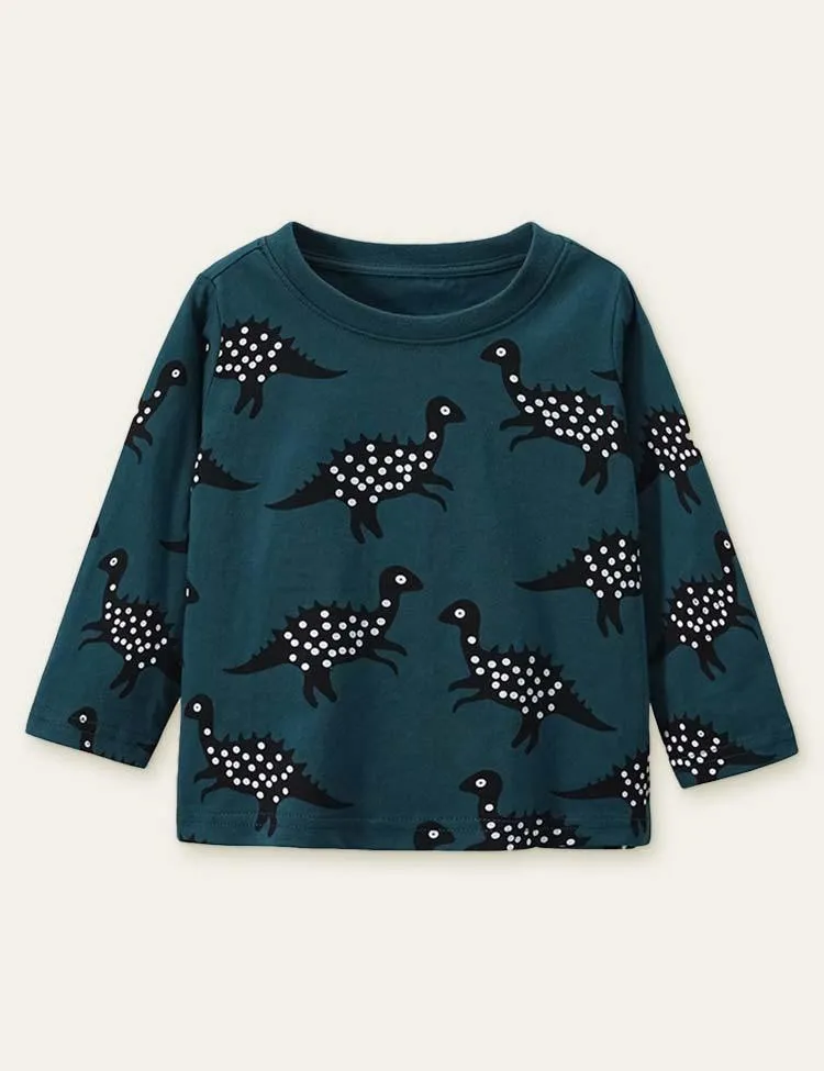 Polka Dot Dinosaur Printed Long-Sleeved T-shirt