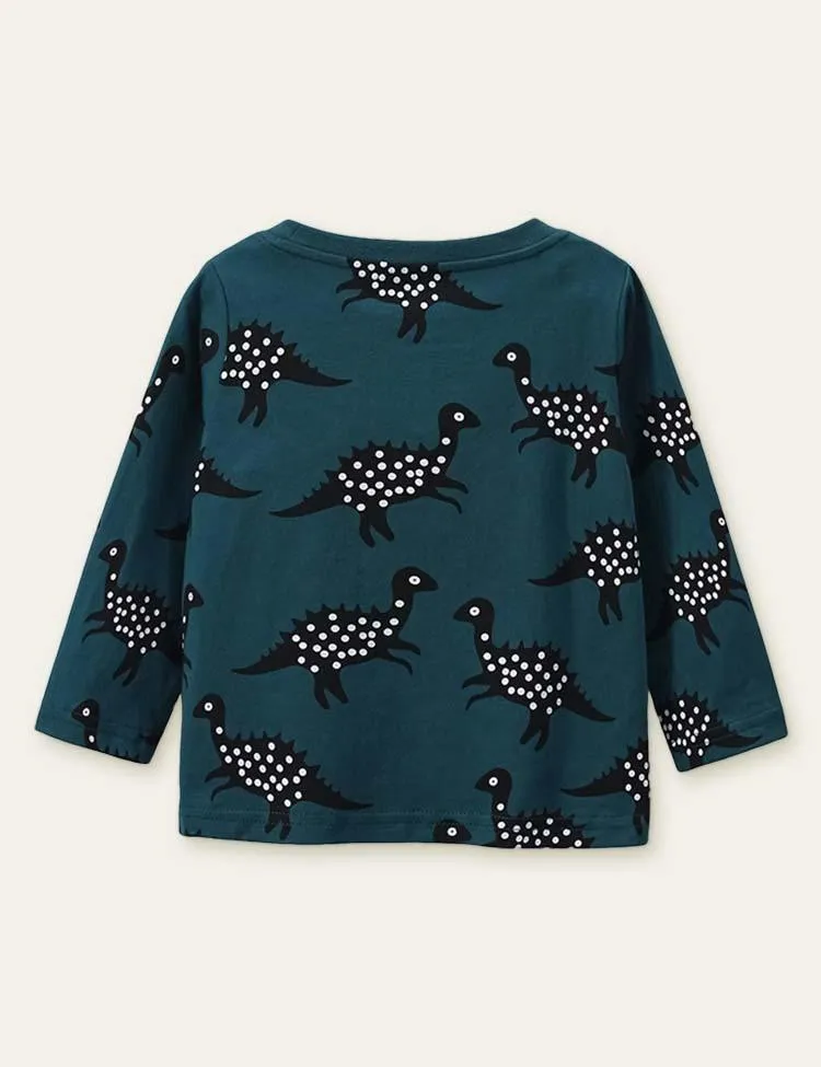 Polka Dot Dinosaur Printed Long-Sleeved T-shirt - Image 2