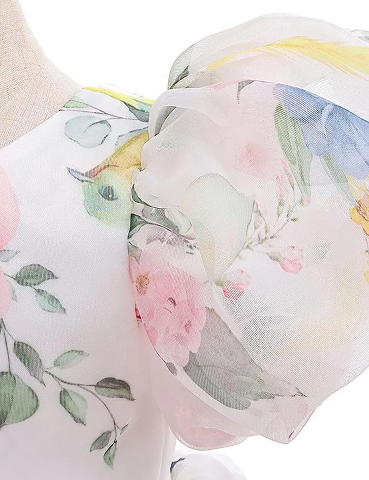 Puff Sleeve Floral Mesh Party Dress - Image 2