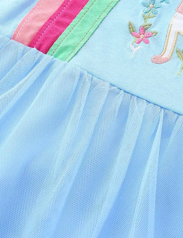 Rainbow Animal Embroidered Long-sleeved Tulle Dress - Image 3