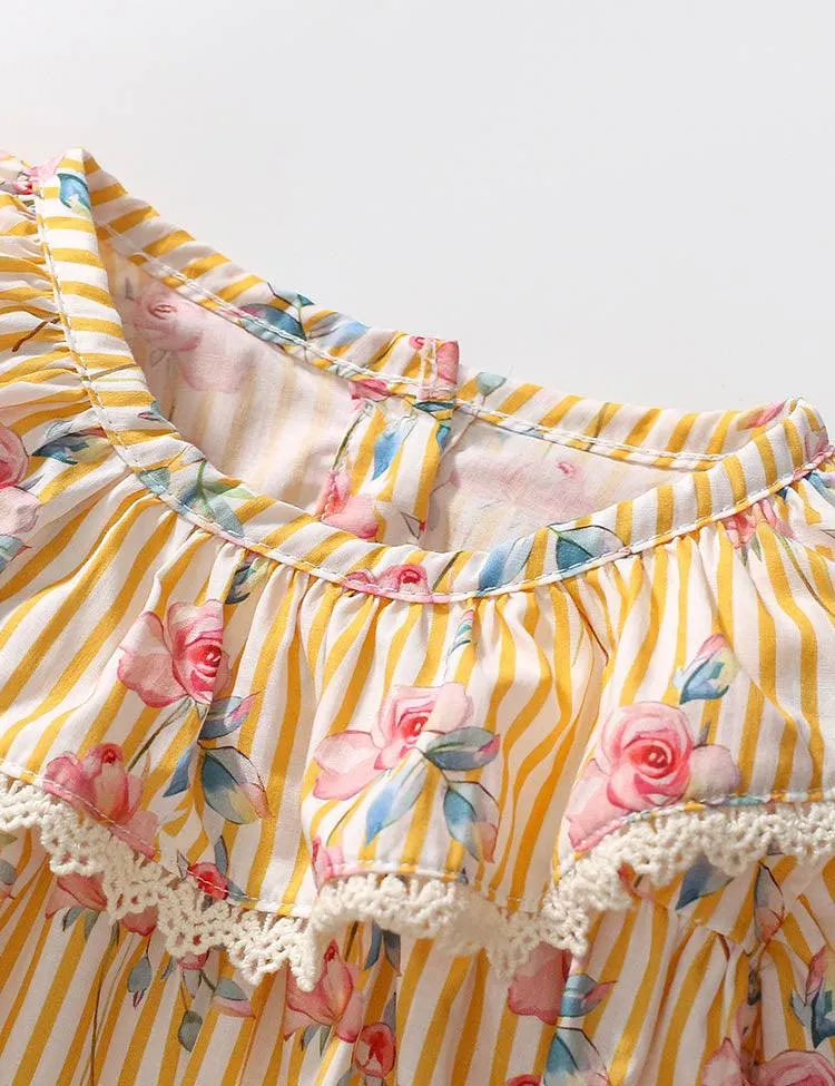 Rose Printed Long Sleeve Striped Dress - Image 2