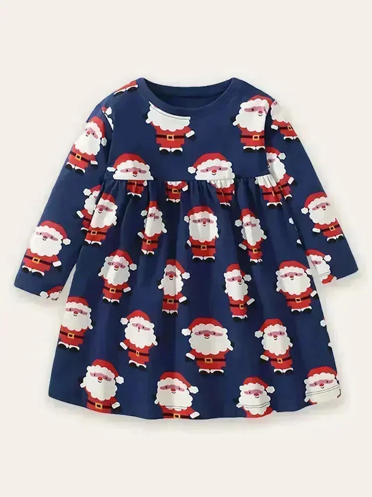 Santa Print Cotton Long-sleeved Dress
