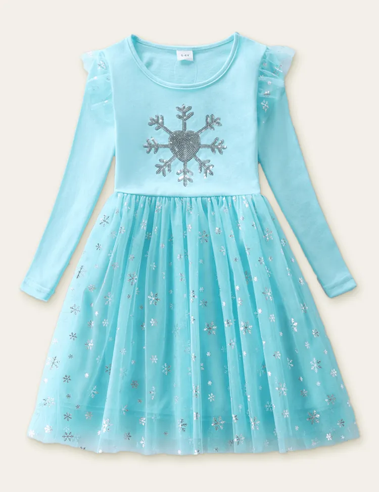 Sequined Snow Mesh Long Sleeve Dress
