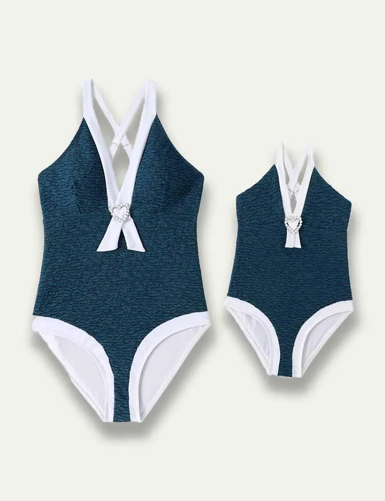 Solid Color White Border Family Matching Swim Suit - Image 3