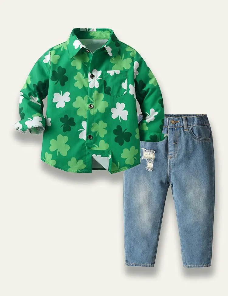 St. Patrick's Day Clover Printed Long Sleeve Shirt+Jeans