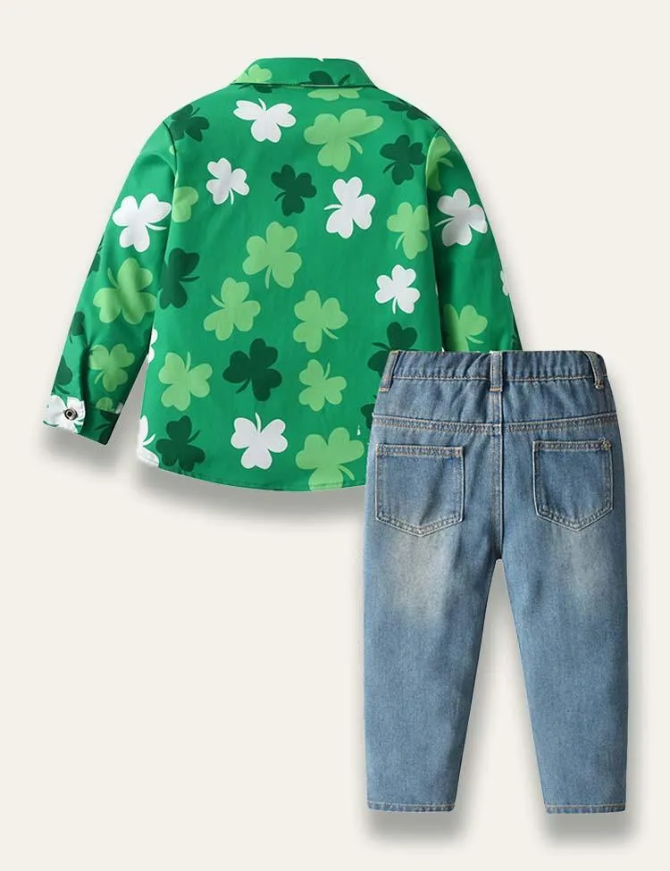 St. Patrick's Day Clover Printed Long Sleeve Shirt+Jeans - Image 2