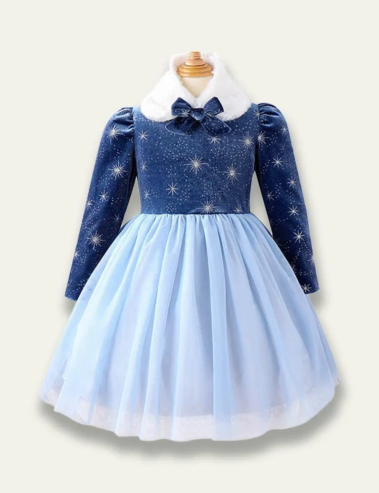 Starry White Furry Collar Mesh Princess Dress