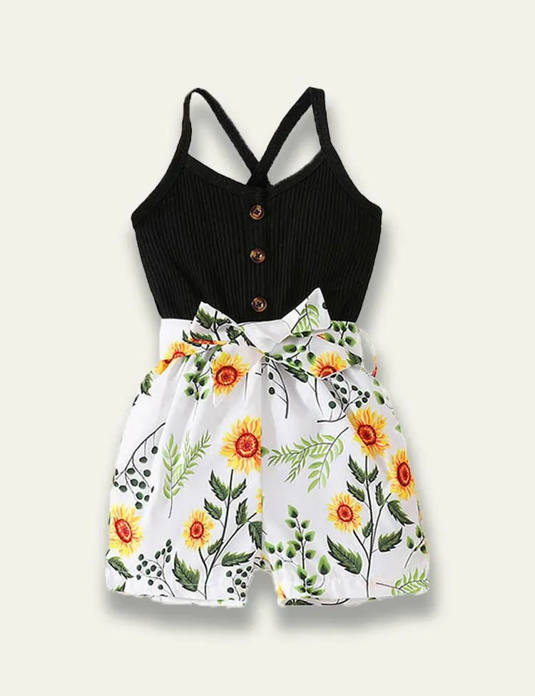 Strap Splicing Flower Printed Jumpsuit