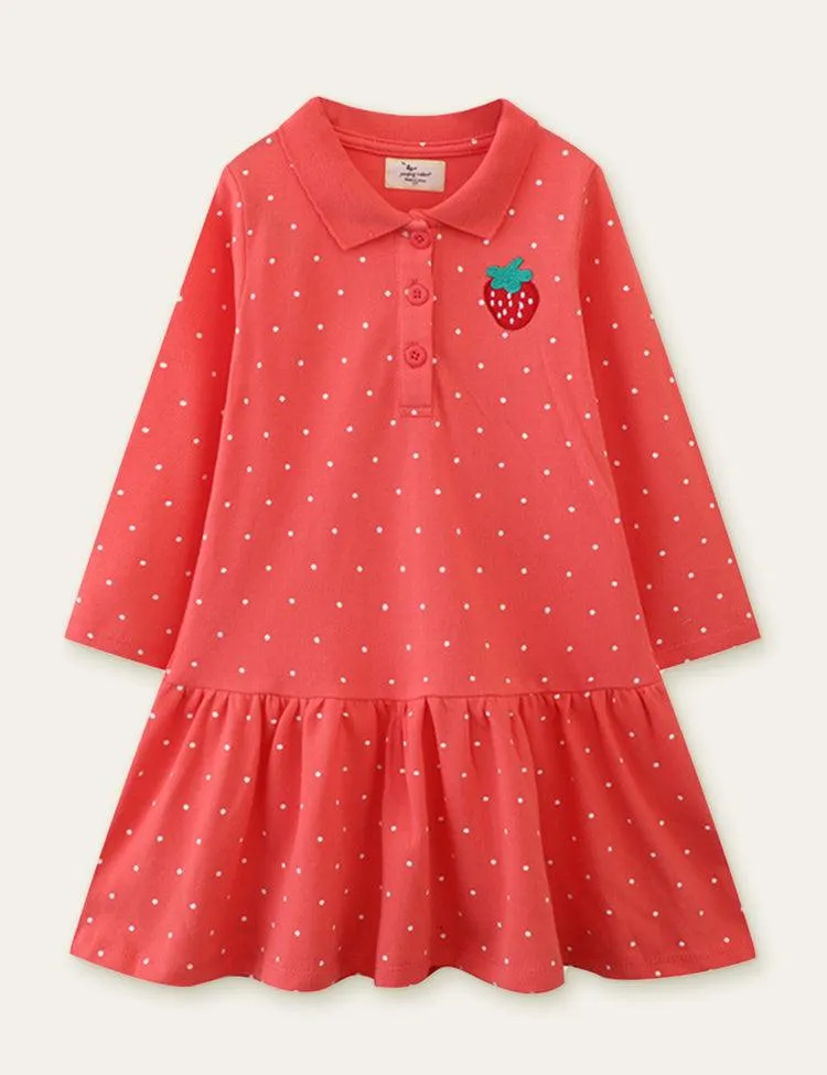 Strawberry Embroidered Polka Dot Long Sleeve Dress
