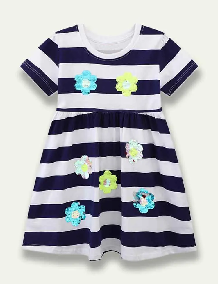 Stripe Flower Sequined Embroidered Dress