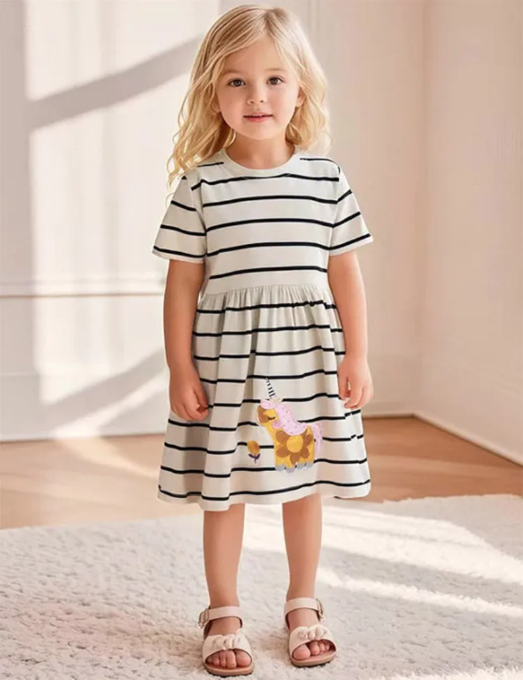 Striped Unicorn Appliqué Cotton Dress - Image 2