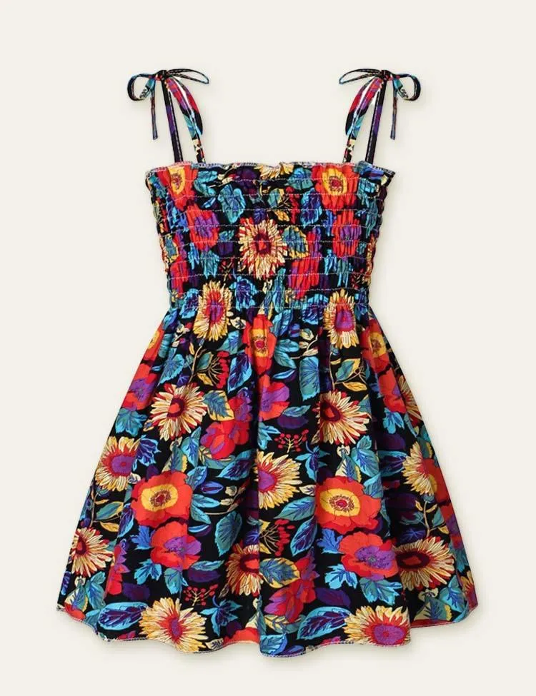 Toddler Girl Floral Fruit Full Printed High Waist Spaghetti Strap Dress - Image 3