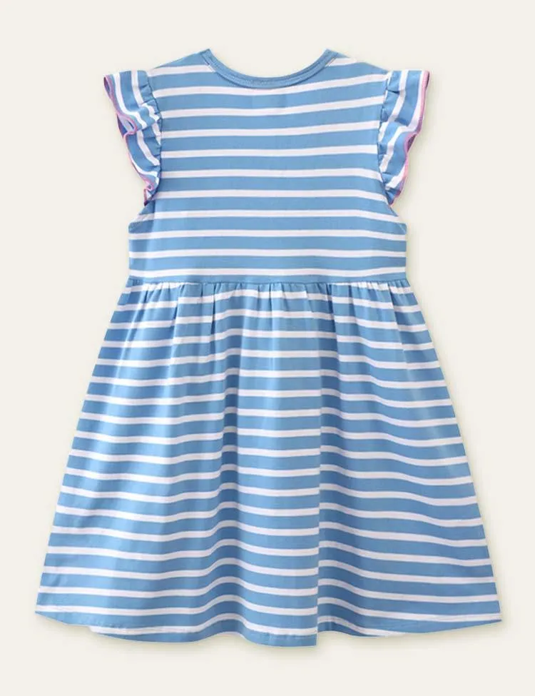 Unicorn Appliqué Embroidered Striped Dress - Image 2