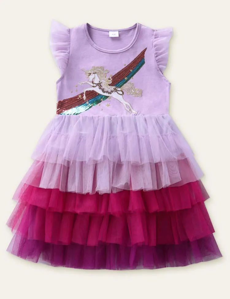 Unicorn Embroidered Mesh Party Dress