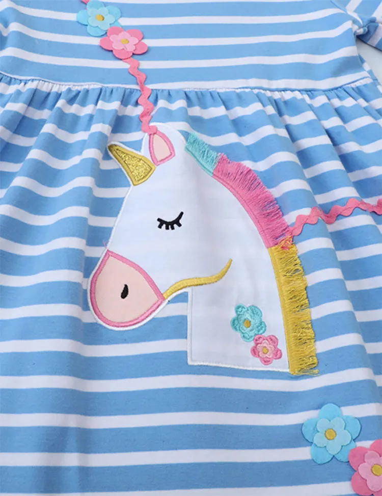 Unicorn Flower Applique Long-sleeved Cotton Dress - Image 3