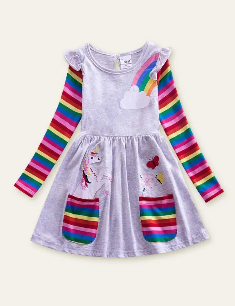 Unicorn Flowers Appliqué Rainbow Long Sleeve Dress - Image 2