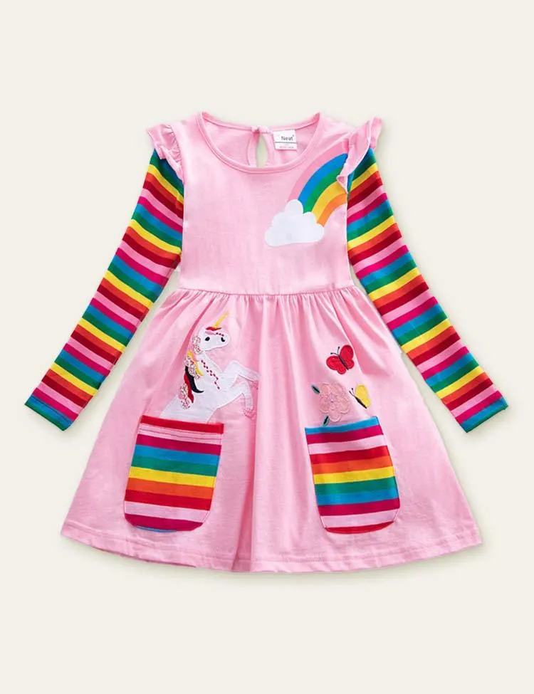 Unicorn Flowers Appliqué Rainbow Long Sleeve Dress - Image 3