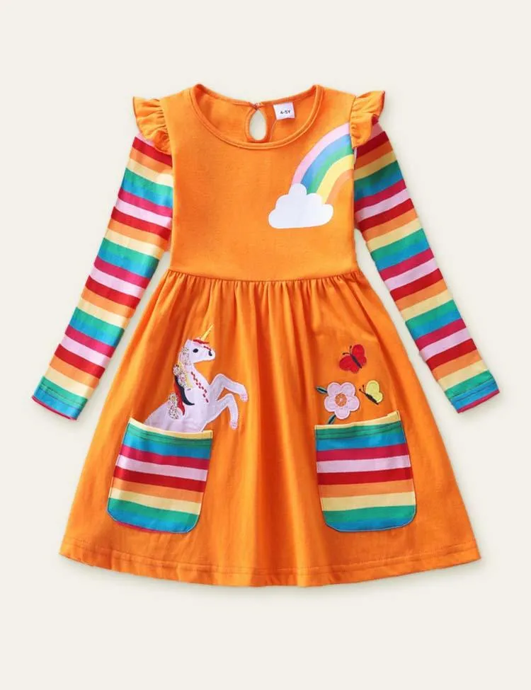 Unicorn Flowers Appliqué Rainbow Long Sleeve Dress - Image 7