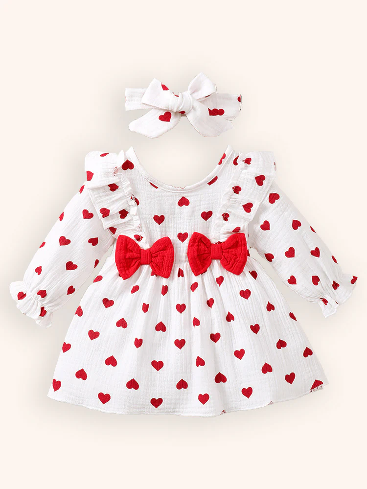 Baby Valentine's Day Heart Print Bow Dress
